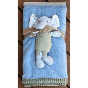 Chick Pea Baby Blanket + Elephant Lovey Set Blue Green Overalls Ribbed Trim New